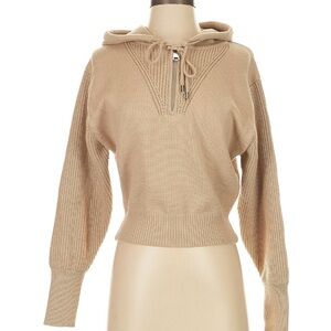 Zara Cropped V-Neck Hoodie Sweater in Tan
